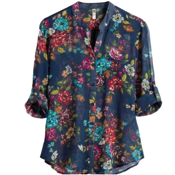 NEW Kut From The Kloth Sinclair Navy Blue Sheer Floral Blouse Size Small - Picture 1 of 12